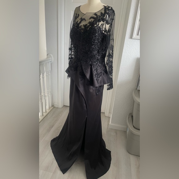 Terani Couture Embroidered Long Sleeve Front Slit Ruffled Mermaid Gown.